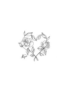 a black and white drawing of a heart with roses