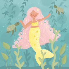 an illustration of a mermaid with pink hair swimming in the ocean surrounded by seaweed