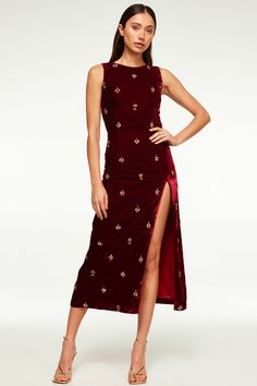 Stun at your next soirée in our luxe velvet Delaney dress. This sleeveless, high-neck, midi silhouette features a daring front slit and hidden back zip closure. Lined. Adorned with hand embroidered rhinestone clusters allover. Pair with gold strappy heels for a look that will carry you through the new year. Made in IndiaDry Clean100% Polyester Model Measurements: Height 5'8.5", Waist 25", Bust 32", Hips 34.5"Model is wearing size XS Gold Strappy Heels, Mesh Jumpsuit, Staple Dress, Home Dress, Long Sleeve Jersey, White Bridal, Womens Size Chart, Wedding Classic, Strappy Heels