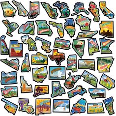 a large collection of stickers depicting the state of michigan, including cities and roads