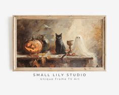 a painting of three cats sitting on a table with a ghost and two pumpkins