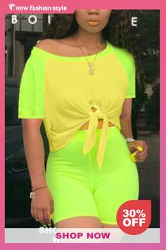 Fluorescent green Fashion Casual Stitching Short Sleeve Top Set Purple Fashion Casual, Yellow Short, Yellow Shorts, Yellow Fashion, Green Shorts, Purple Fashion, Fashion Pattern, New Tops, Green Fashion