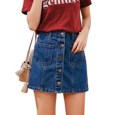 Denim Skirts - Button High Waist A-line Mini Denim Skirts With Strap Jean Skirt Style, Mini Denim Skirts, Jean Skirt Fashion, Korean Skirt, Blue Jean Skirt, Denim Skirt Outfits, Cheap Skirts, Skirt High Waist, Skirts Women