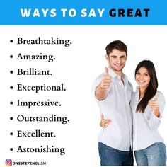 a man and woman giving thumbs up in front of a sign that says ways to say great