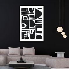 a modern living room with black walls and white furniture in the center is an art piece