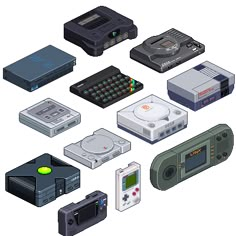 a bunch of electronic devices are shown in this image, including an old computer and other electronics