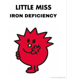 a red cartoon character with the words little miss iron defidicy