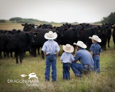 three men in cowboy hats are standing next to some black cows on the grass with trees in the background