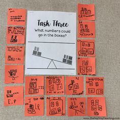 orange sticky notes with black and white writing on them that read task three what, numbers could go in the boxes?