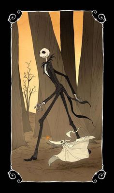 an illustration of a skeleton walking through the woods with a ghost in it's arms