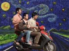 three men riding on the back of a red scooter in front of a mural