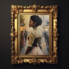 an oil painting of a woman in a white dress and gold frame on a black wall