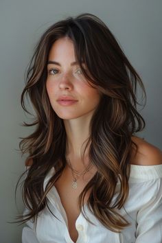 Long Hairstyles Oval Face, Long Brown Hair Wedding, Light Brown Hair Dark Eyebrows, Ashtin Earle Hair, Brunette Fine Hair, Dark Brown Wavy Hair With Curtain Bangs, Long Hair With Curtain Bangs And Layers, Curtain Bangs Long Hair 2024, Megan Fox Haircut Long Layered