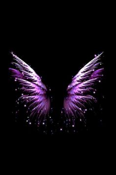 the wings of an angel are glowing in the dark night sky with stars and sparkles