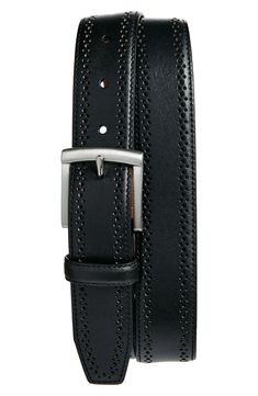 Rich broguing and burnished leather puts dapper detail to a sleek leather belt finished with a polished buckle. 1 3/8" belt width Leather Imported Suspenders Casual, Diamond Box, Straw Bags, Johnston Murphy, Flip Flop Slippers, Clutch Pouch, Designer Crossbody Bags, Perforated Leather, Contemporary Outfits