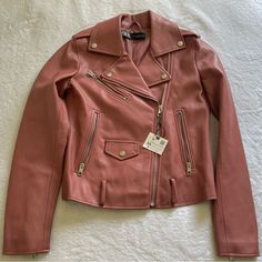 Zara Mauve Rose Leather Jacket Like New Size Xsmall Fits A Small Too Doesn’t Have The Belt Chic Pink Leather Jacket With Zipper Closure, Chic Pink Leather Jacket For Fall, Chic Pink Long Sleeve Biker Jacket, Chic Pink Leather Jacket For Spring, Chic Pink Leather Jacket For Work, Casual Pink Leather Jacket For Fall, Pink Long Sleeve Biker Jacket For Work, Casual Pink Biker Jacket For Fall, Pink Biker Jacket For Workwear