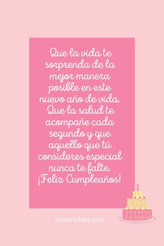 a pink birthday card with a cake on it and the words happy birthday written in spanish