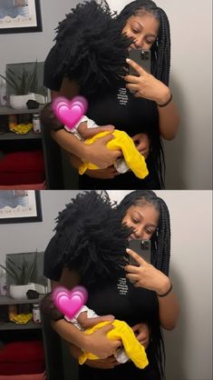 two pictures of a woman holding a baby in her arms and the same one showing how she's breastfeeding