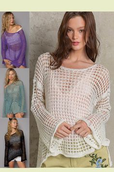 women's crochet knit sweaters with open shoulders and long sleeves in various colors