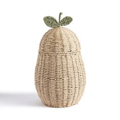 a wicker vase with a green leaf on the top is shown in front of a white background