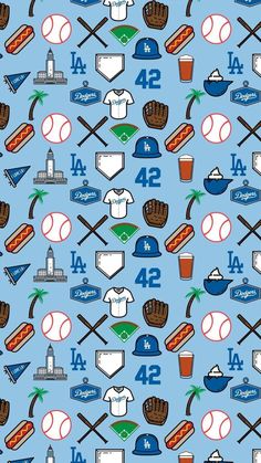 a blue background with baseballs and other sports related items