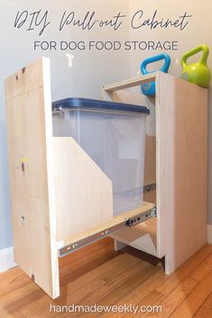 Tutorial to build a DIY pull-out cabinet that can be used to hold a pet food storage containertrash can or recycling bindiycabinet diypulloutcabinet diytrashcabinet Pet Food Cabinet, Food Cabinet, Dog Cabinet, Shaker Style Cabinet Doors