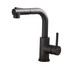 a black faucet with the handle on it's side and an angled spout