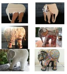 four different types of elephants made out of paper machs are shown in this collage