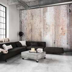 an industrial living room with concrete walls and flooring