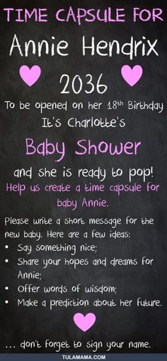 a baby shower sign with pink hearts and the words time capsule for annie hendix