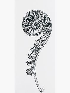 a black and white drawing of a plant with leaves on it's back end