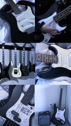 four different guitars are shown in this collage