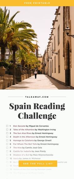 the spanish reading challenge is shown in yellow and white, with palm trees on either side