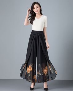 * Wide-leg skirt-shaped pants spun with high-quality chiffon fabric. * Elastic waistband and A-line shape, make you look more taller and thinner. *Material: 100% chiffon *Let us know your regular size and overall height in your country. *The waist size and length can be customized. *Size: True to US size, can provide US 0 to US 20 , you can tell us your usual size and height when ordering. * Shipping: Free shipping Processing time: 5-7 working days Delivery time: 7-20 working days Spring High Waist Wide Leg Pants With Wide Waistband, Black Summer Ankle-length Culottes, Wide Leg Pants With Wide Waistband For Spring, Spring Workwear Chiffon Skirt, Spring Pants With Wide Waistband In Black, Spring Chiffon Skirt For Work, Spring Chiffon Workwear Skirt, Spring Black Pants With Wide Waistband, Black Pants With Wide Waistband For Spring