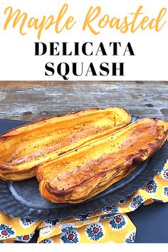 maple roasted delicata squash on a black plate with yellow napkins next to it