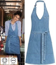 a woman wearing an apron and denim dress