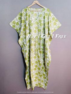 "This Beautiful Indian Cotton Caftan Or Can Be Called As Tunic Is Made With Super Fine Quality Cotton And Designs Have Been Crafted By Hand Prints. Measurements :- Size - Free Size Length -138 Cm / 54 Inches Bust/Chest Size - 87 CM/ 34 Inches Fabric - 100% Cotton Pattern - Floral Kaftan Has Adjustable Drawstring Waist To Loose Or Tight , Kaftan Has V Shape Neck Which Is 8\" Inches Deep. Kaftan Is Multi-Purpose And Can Be Worn As A Cover Up At The Beach ,Lounge Wear ,Sleepwear ,Pregnant Women Hos Indian Kaftan, Long Caftan Dress, Cotton Robes, Cotton Caftan, Dress Vacation, Beach Lounge, Hand Prints, Kaftan Maxi Dress, Cotton Flower