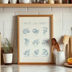 an image of fruit of the spirit on a kitchen counter with spices and utensils