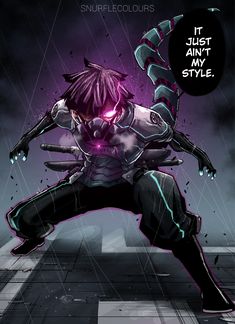 an anime character with purple eyes and black hair is dancing in the rain while holding his arms out