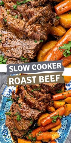 slow cooker roast beef with carrots and parsley on the side, in a blue plate