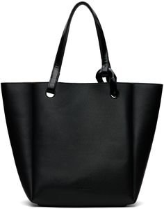 Grained leather tote in black. · Fixed patent leather carry handles · Curb chain accent at handle base · Logo embossed at face · Magnetic press-stud closure · Patch pocket at interior · Suede lining · H12.5 x W11 x D8 Supplier color: Black Black Shoulder Bag With Rolled Handles For Work, Black Office Bag With Rolled Handles, Elegant Black Shoulder Bag With Rolled Handles, Black Textured Leather Bag With Round Handle, Elegant Black Bag With Rolled Handles, Modern Black Bags With Rolled Handles, Black Shoulder Bag With Rolled Handles For Evening, Black Bags With Rolled Round Handles, Modern Black Shoulder Bag With Rolled Handles