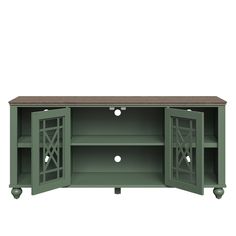 a green entertainment center with two doors on each side and an open shelf above it