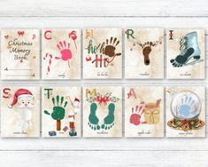 six christmas cards with handprints on them, including santa's helper