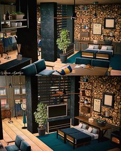 a living room filled with lots of furniture and walls covered in wood planks,