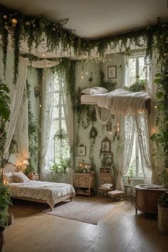 a bedroom decorated in green and white with plants growing on the walls, windows, and bedspreads