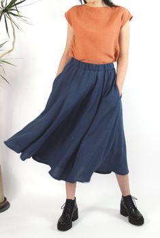 Handmade A-line circle linen skirt with pockets and elastic waistband. Made with love for You. *100% local medium weight linen *Washed linen *Elastic waist *Each item is individually cut and sewn by order *The model is wearing size S, skirt color - navy blue *Note that colors may look different on your display depending on their settings and technical characteristics. Please let us know if you need different measurements or colors. CARE *Machine wash up to 40 / 104F gentle cycle *Iron inside out Summer A-line Bottoms With Elastic Waistband, Navy Cotton Summer Skirt, Casual Navy Skirt With Pockets, Casual Flowy Full Skirt, Solid Color Linen Flared Skirt, Casual Linen Knee-length Maxi Skirt, Casual Knee-length Linen Maxi Skirt, Casual Flared Linen Skirt, Relaxed Fit Full Skirt With Pockets