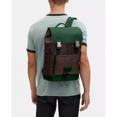 Luxury Coach Backpack For School, Designer Coach Rectangular Backpack, Designer Rectangular Coach Backpack, Rectangular Coach Travel Backpack, Designer Coach Backpack, Coach Coated Canvas Standard Backpack, Coach Men, Signature Canvas, Green Brown