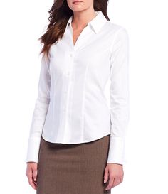 Calvin Klein Wrinkle-Free Pinpoint Oxford Blouse | Dillard's Floral Chiffon Top, Solid Dress Shirt, White Dress Shirt, White Shirt Blouse, Calvin Klein White, Japanese Street Fashion, White Shirt Dress, Work Outfits Women, Oxford Fabric