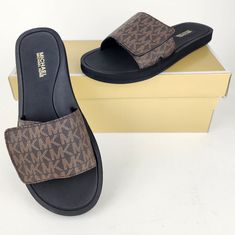 100% Authentic. Stored In A Smoke Free And Pet Free Environment. Brown Synthetic Slides With Flat Heel, Brown Round Toe Slides For Vacation, Brown Slides With Flat Heel And Removable Insole, Brown Flat Slides For Vacation, Brown Open Toe Synthetic Slides, Brown Slides With Cushioned Footbed And Flat Heel, Michael Kors Black Flat Sandals, Brown Slides With Leather Footbed, Brown Slides With Rubber Sole For Vacation