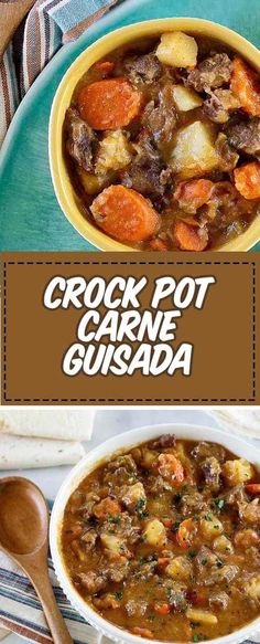 crock pot carne guisada with carrots and potatoes in a bowl